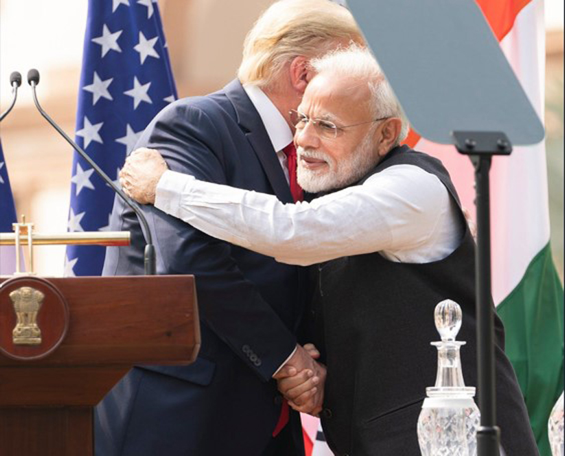 Prime Minister Narendra Modi hugs former US President Donald Trump before their news conference at Hyderabad House in New Delhi on Tuesday, February 25, 2020. (File Photo: White House)
