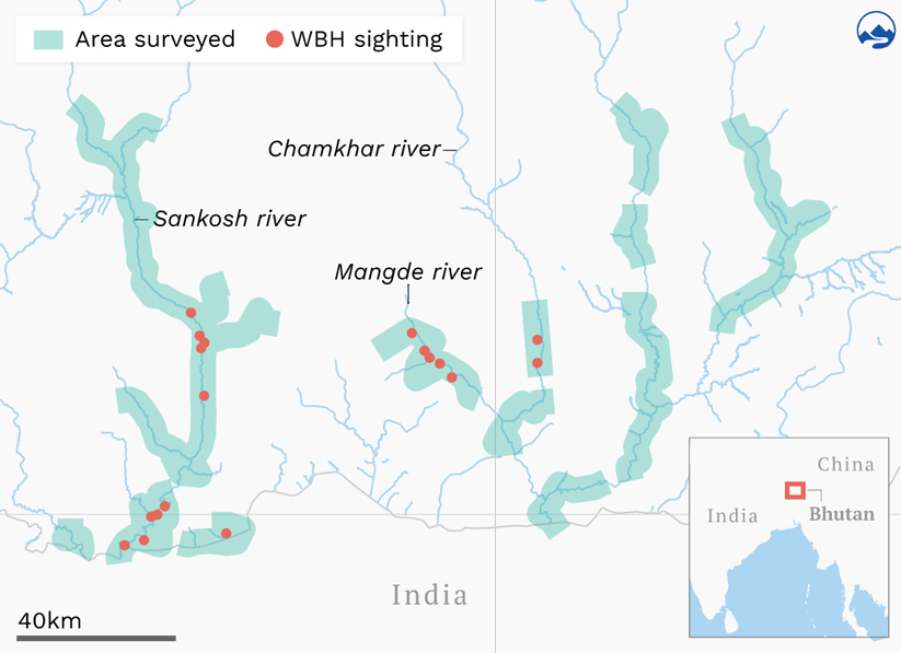 white bellied heron map bhutan