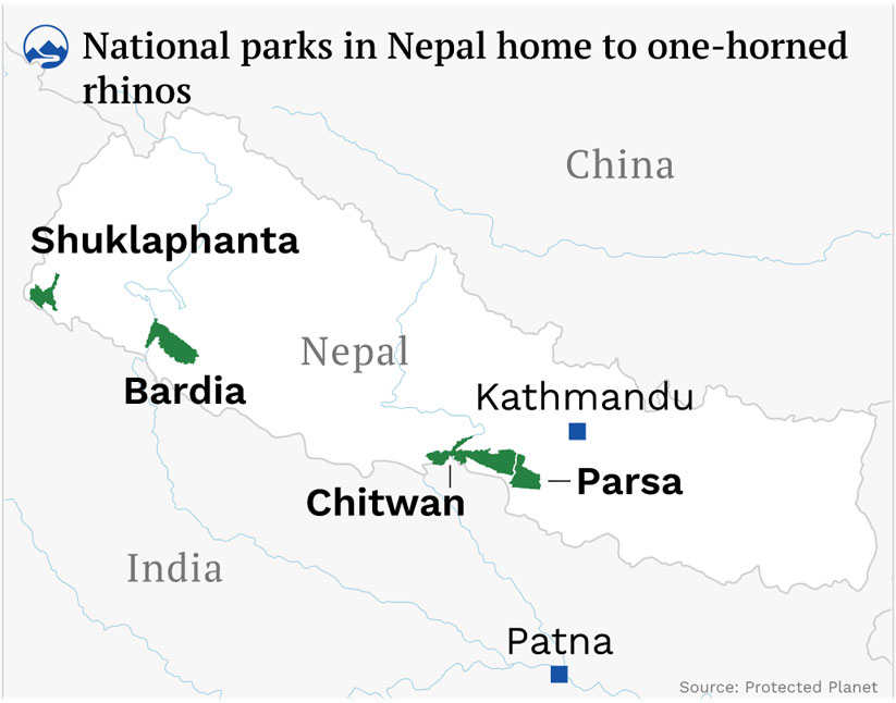 Nepal’s national parks with populations of one-horned rhinos • Map: The Third Pole