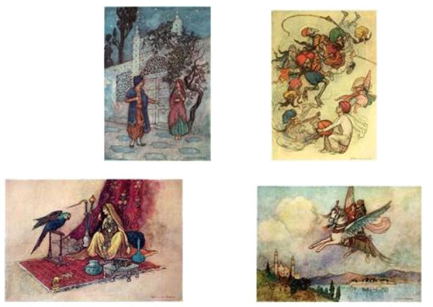 Illustrations by Warwick Goble for the 1912 edition of Rev. Lal Behari Dey’s book ‘Folktales of Bengal’. Top right- A rajkumar (prince) and a rajkanya (princess). Top left- A Brahmin and demons. Bottom left- A rajkanya and her parrot. Bottom right- A lady, a raja (king) and a flying horse. (Source- Project Gutenberg https://www.gutenberg.org/files/38488/38488-h/38488-h.htm)