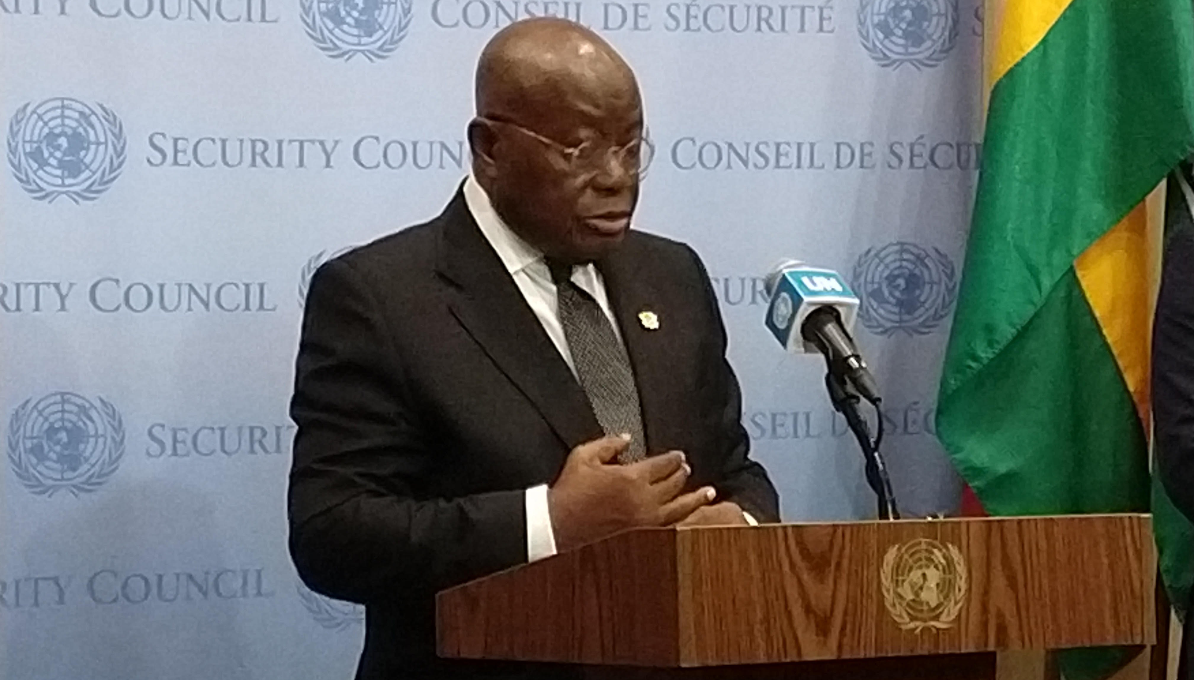 Ghana’s President speaks to reporters outside the United Nations Security Council on Thursday, November 11, 2022. (Photo: Arul Louis)