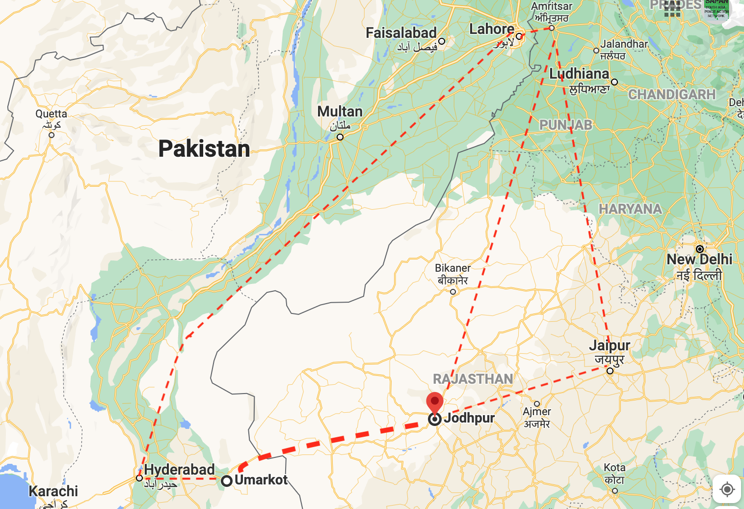 Map: Umarkot to Jodhpur: So near and yet so far. 