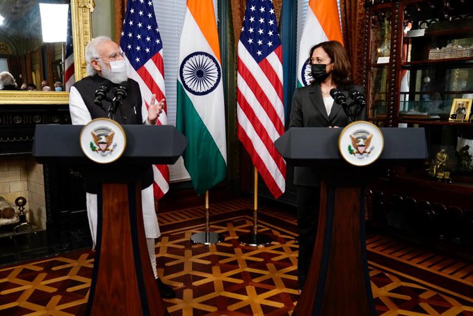 Prime Minister Narendra Modi met with United States Vice President Kamala Harris at her ceremonial office in the White House compound in Washington on Thursday, September 23, 2021. (Photo: MEA Twtitter)