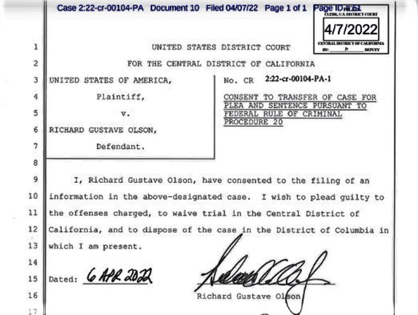 A copy of the document filed by former United States Ambassador to Islamabad, Richard Olson, admitting that he was guilty in a case brought by the Justice Department charging him with failing to properly disclose a travel gift from a Pakistani businessman. (Image from Federal Court files in California)