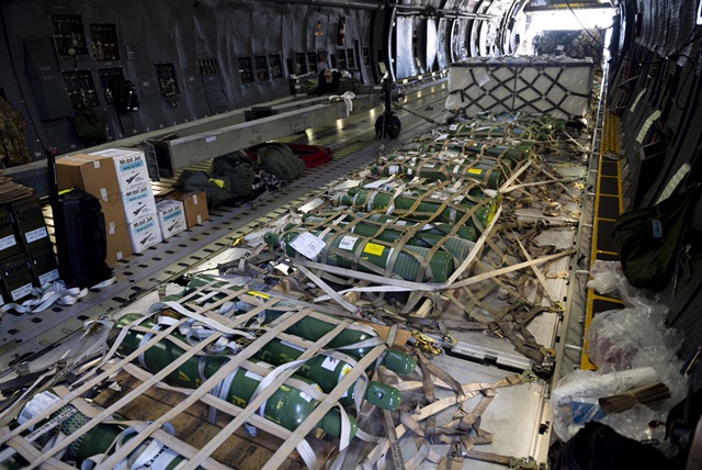 Oxygen cylinders and COVID-19 supplies loaded on to a US Air Force C-5M Super Galaxy aircraft on April 28, 2021, at the Travis Air Force base for transportation to India (Photo: State Department)