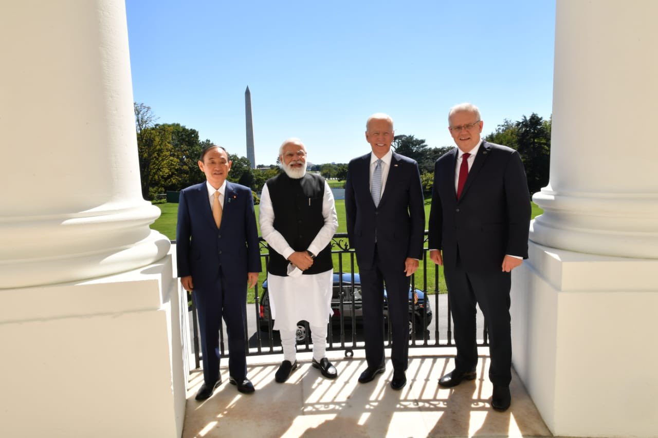 The leaders at the Quad Summit in Washington before the start of their meeting at the White House in Washington on Friday, Sept. 24, 2021, are from left, Prime Ministers Yochihide Suga of Japan and Narendra Modi of India, US President Joe Biden and Australia's Prime Minister Scott Morrison. (Phote: MEA Tweet)