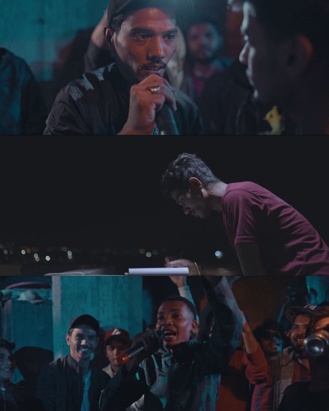 Film scenes from KG Stans’ rap battles with MC Affo and MC Bablay (top and bottom) and MC Affo writing lyrics (middle). Photo via Saba Karim Khan / Zayer Films.