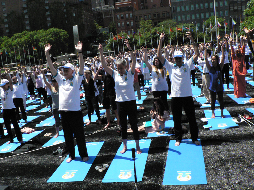 International Yoga Day being celebrated at the United Nations in 2017 with international diplomats and officials trying out variously asanas. (File Photo: Arul Louis)
