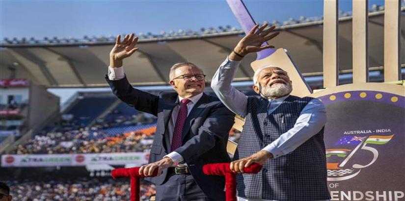 Prime Minister Narendra Modi with Australian Prime Minister Anthony Albanese at Narendra Modi stadium in Ahmedabad (Photo: Twitter)