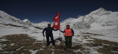 NRNs Binod Adhikari and Kemika Bhandari set world record for playing golf at the highest altitude - at the Kalapathar base camp which stands at an elevation of 5,545 meters from the sea level NRNs Binod Adhikari and Kemika Bhandari set world record for playing golf at the highest altitude - at the Kalapathar base camp which stands at an elevation of 5,545 meters from the sea level