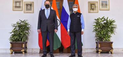 External Affairs Minister S Jaishankar welcomes Minister of Foreign Affairs of the Russian Federation Sergey Lavrov before a meeting, in New Delhi, Tuesday.