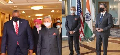 Left: India's External Affairs Minister S. Jaishankar meets United States Defence Secretary Lloyd Austin at the Pentagon, right: India's External Affairs Minister S. Jaishankar meets United States Secretary of State Antony Blinken in Washington on May 27, 2028. (Photo: Twitter)