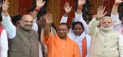 Prime Minister of India Narendra Modi, BJP National President Amit Shah and Chief Minister Yogi Aditya Nath