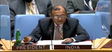 India's Permanent Representative T S Tirumurti wields the gavel as he presides over the Security Council meeting on Wednesday, August 4, 2021. (Photo: UN)