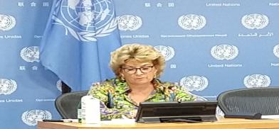 Ireland's Permanent Representative Geraldine Byrne Nason, who is the president of the United Nations Security Council, speaks to reporters at the UN headquarters in New York on Wednesday, Spetember 1, 2021. (Photo: Arul Louis)