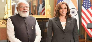 Prime Minister Narendra Modi and US Vice-President Kamala Harris before attending the bilateral meeting. (Photo: Twitter/@NarendraModi)