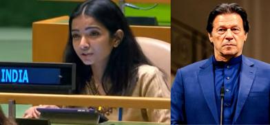 Left, Sneha Dubey a First Secretary in India's Mission to the United Nations and Right, Pakistan PM Imran Khan