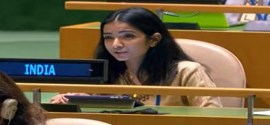 Sneha Dubey, a First Secretary in India's Mission to the United Nations, replies at the UN General Assembly to Pakistan Prime Minister Imran Khan's diatribe against India. (Photo: UN)