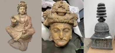 Pictured (from left to right): Stucco Bodhisattva, Gilded Schist Head of Bodhisattva, and Schist Reliquary Casket.