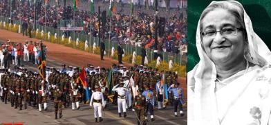 Bangladesh armed forces marching at India's R-Day parade in 2020 and Sheikh Hasina