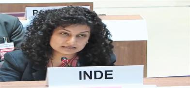 Seema Pujani, First Secretary at the Permanent Mission of India to the United Nations at Geneva, speaks at the UN Human Rights Council on Thursday, March 3, 2022. (Photo: UN) Seema Pujani, First Secretary at the Permanent Mission of India to the United Nations at Geneva, speaks at the UN Human Rights Council on Thursday, March 3, 2022. (Photo: UN)