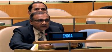 India's Permanent Representative T S Tirumurti speaks at United Nations General Assembly on Thursday, March 24, 2022, explaining India's decision to abstain on a resolution introduced by Ukraine on the humanitarian situation there. (Photo: UN) India's Permanent Representative T S Tirumurti speaks at United Nations General Assembly on Thursday, March 24, 2022, explaining India's decision to abstain on a resolution introduced by Ukraine on the humanitarian situation there. (Photo: UN)