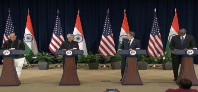 Indian Defence Minister Rajnath Singh, from left, Indian External Affairs Minister S. Jaishankar, US Secretary of State Antony Blinken and US Defence Secretary Lloyd Austin at a news conference capping their 2+2 meeting. (Photo: State Dept.) Indian Defence Minister Rajnath Singh, from left, Indian External Affairs Minister S. Jaishankar, US Secretary of State Antony Blinken and US Defence Secretary Lloyd Austin at a news conference capping their 2+2 meeting. (Photo: State Dept.)