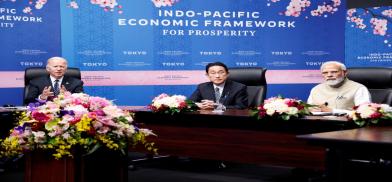 US President Joe Biden delivers remarks along with India's Prime Minister Narendra Modi and Japan's Prime Minister Fumio Kishida during the Indo-Pacific Economic Framework for Prosperity (IPEF) launch event at Izumi Garden Gallery in Tokyo, Japan