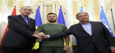 Presidents Recep Tayyip Erdogan of Turkey, from left, and Voldomyr Zelensky of Ukraine with United Nations Secretary-General Antonio Guterres at their meeting in Lviv, Ukraine, on Thursday, August 18, 2022. (Photo: Turkey President’s Office) Presidents Recep Tayyip Erdogan of Turkey, from left, and Voldomyr Zelensky of Ukraine with United Nations Secretary-General Antonio Guterres at their meeting in Lviv, Ukraine, on Thursday, August 18, 2022. (Photo: Turkey President’s Office)