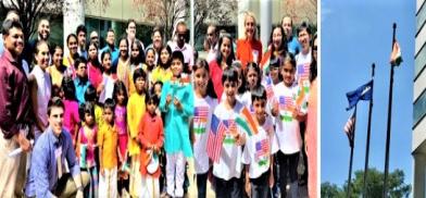 Photo: Students of Tamil and Hindi schools gather to singh national anthems at the Flag Hoisting-ceremony and are seen with Stamford Mayor Caroline Simmons, state officials and GOPIO-CT organizers