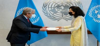 India's Permanent Representative Ruchira Kamboj presents her credentials to United Nations Secretary-General Antonio Guterres on Tuesday, August 2, 2022, at the UN headquarters. (Photo: UN)