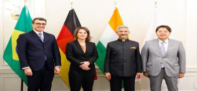 Ministers from the G4 group meeting in New York on Thursday, September 22, 2022, are from left, Carlos França from Brazil, Annalena Baerbock from Germany, S. Jaishankar from India and Yoshimasa Hayashi from Japan. (Photo Source: Jaishankar’s tweet)