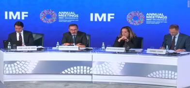International Monetary Fund’s chief economist Pierre-Olivier Gourinchas, second from left, and Daniel Leigh, the head of the World Economic Studies Division, right, at the news conference to release the World Economic Outlook report in Washington on Tuesday, October 11, 2022. (Photo Source: IMF)