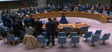 The United Nations Security Council observes a minute of silence before the meeting to honour the memory of victims of terrorism and peacekeepers who died in UN operations.
