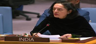 India's Permanent Representative Ruchira Kamboj speaks at the United Nations Security Council meeting on the rule of law on Thursday, January 12, 2022. (Photo: UN)