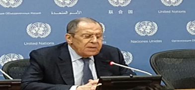 Russia’s Foreign Minister Sergey Lavrov speakers to reporters at the United Nations on Tuesday, April 25, 2023. (Photo: Arul Louis)