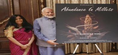 Prime Minister Narendra Modi met on Tuesday, June 21, 2023, in New York with Grammy-winning musician Falguni Shah, better known as Falu Shah whose song, “Abundance in Millets”, wich propagates the healthfulness of the foodgrain. (Photo Source: MEA)