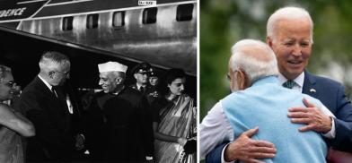 US President Harry S. Truman greets Jawaharlal Nehru on his arrival in the US for a visit, with Vijayalakshmi Pandit at left and Indira Gandhi at right (Photo Source: Truman Library) US President Harry S. Truman greets Jawaharlal Nehru on his arrival in the US for a visit, with Vijayalakshmi Pandit at left and Indira Gandhi at right (Photo Source: Truman Library)
