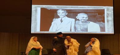 L-R: Sujata Avasthi as Fatima Jinnah, Farhan Bhaba as Muhammad Ali Jinnah, Sri Mirajkar as Mahatma Gandhi, Nisha Narayan as Kasturba Gandhi. Photo by Rohan Singh