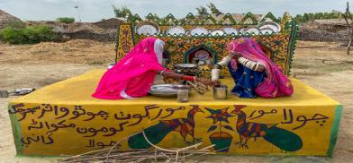 Village near Tando Allah Yar: An economy stove station, made and painted by women trained by the Heritage Foundation of Pakistan. Photo by Emmanuel Guddu