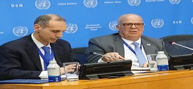 Greece's Permanent Representative Evangelos Sekeris, right, who is the Security Council president for May, speaks to reporters on Thursday, May 1, 2025, at the United Nations. (Photo: Arul Louis)