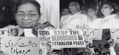 (Clockwise from top left) Social activist Nirmala Deshpande; Kuldip Nayar, Nandita Das, Asma Jahangir at Wagah border; snapshots from peace demonstrations in Mumbai and Lahore. File photos; collage by Pragyan Srivastava.