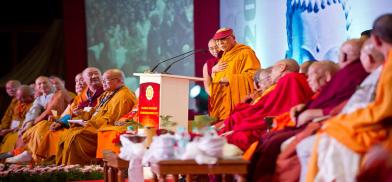 The Dalai Lama speaking to Buddhist lamas