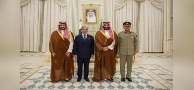 (L-R) Saudi Arabia's Defence Minister Khalid bin Salman, Pakistan's PM Shehbaz Sharif, Saudi Arabia's Crown Prince Mohammed bin Salman and Pakistan's Army Chief Field Marshal Asim Munir, after signing a mutual defense pact