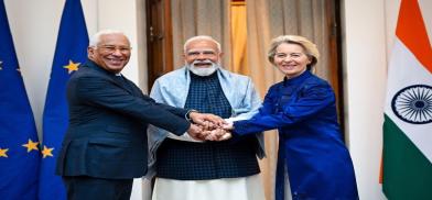(L-R) António Costa President of the European Council, Narendra Modi, Indian Prime Minister, and Ursula von der Leyen, President of the European Commission at the EU-India partnership meet in New Delhi. Photo: Audiovisual Portal EU