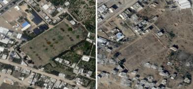 A before-and-after aerial view of the Gaza War Cemetery in Gaza City. Photos: Canadian Broadcast Corporation news report.