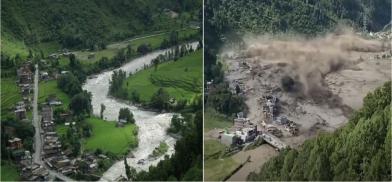 A photo combo shows Betrawati Bazar in Nuwakot before and after the disaster. Photos via The Kathmandu Post.