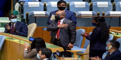 Maldives Foreign Minister Abdulla Shahid acknowledges the applause after his election on Monday, June 7, 2021, as the president of the General Assembly for the next session that starts in September 