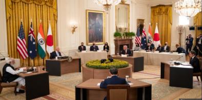 President Joe Biden hosts a Quad Leaders Summit with India Prime Minister Narendra Modi (L),  Japan Prime Minister Suga Yoshihide (C), Australian Prime Minister Scott Morrison and Secretary of State Antony J. Blinken in the East Room at the White House on Friday.