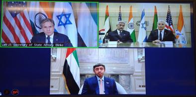 United States Secretary of State Antony Blinken, top left, held a virtual meeting with Israel's Foreign Minister Yair Lapid, left in picture at top right, India's External Affairs Minister S. Jaishankar, seated next to him, and United Arab Emirates Foreign Minister Sheikh Abdullah bin Zayedon Monday, October 18, 2021. (Photo: Twitter)